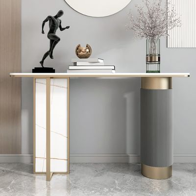 Modern White Gold Entryway Console Table Sintered Stone Top-Homary