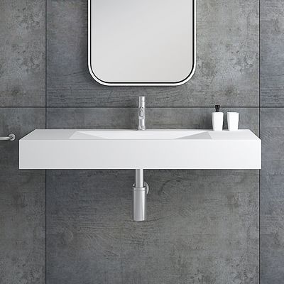 Matte White Wall-Mount Floating Sink Solid Surface Stone Resin Bathroom V-Shaped Sink