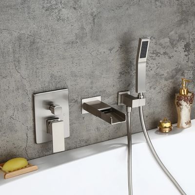 Modern Waterfall Wall-Mount Solid Brass Bathtub Faucet & Handshower in Brushed Nickel