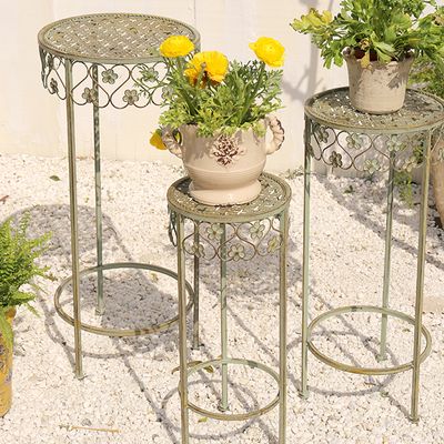 Cottage Metal Plant Stand in Distressed Green Set of 3-Homary