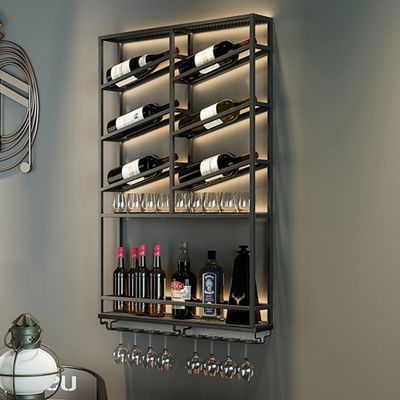 Industrial Wall Mounted Wine Rack with Glass Rack -Black-Homary