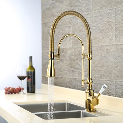 High Arc Dual-Mode Pull-Down Kitchen Faucet Solid Brass with Porcelain Handle