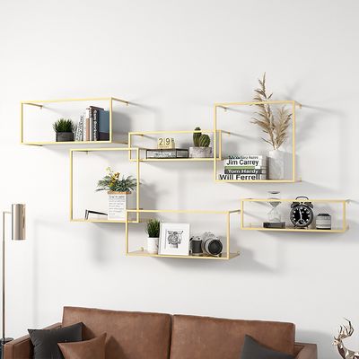 Modern Wall-Mounted Shelving Gold Floating Shelves in Metal Set of 6-Homary