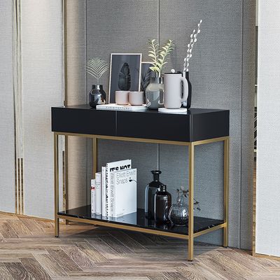 Black Console Table with Drawers & Shelf Metal Frame-Homary