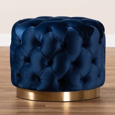 Blue Round Tufted Pouf Ottoman Upholstered Ottoman Footrest in Gold-Homary