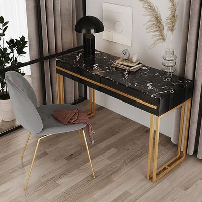 1000mm Rectangular Black Office Desk with Drawers Marble Veneer Top Gold Hardware