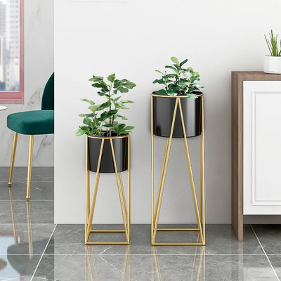 Black Plant Pots Modern Planter With Gold Stand For Indoor (set Of 2 