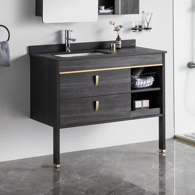 Vanité de salle de bain murale noire autoportante dessus en pierre ...