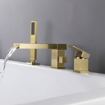 Mill Deck-Mount Waterfall 3 Holes Bath Filler Tap with Handshower in Brushed Gold