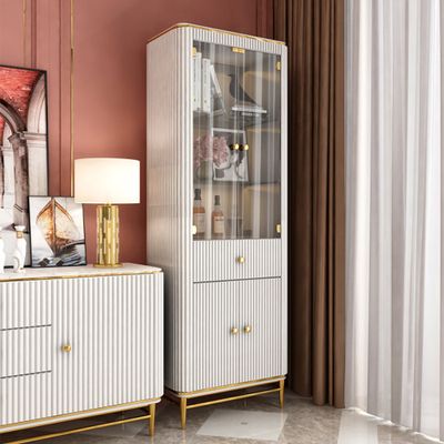 Bline Modern Freestanding Display Cabinet with Shelves & Drawer & Glass Doors  in White