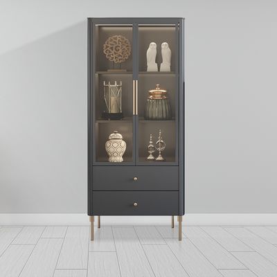 Modern 2-Door Display Cabinet MDF and Tempered Glass Door with Drawers in Black