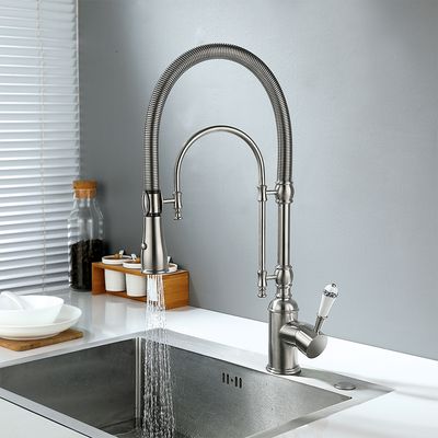 High Arc Dual Mode Pull Down Kitchen Faucet Solid Brass With Porcelain