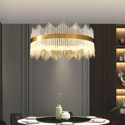Striaged Modern Glass Chandelier with Round Frame in Brass with Adjustable Cables