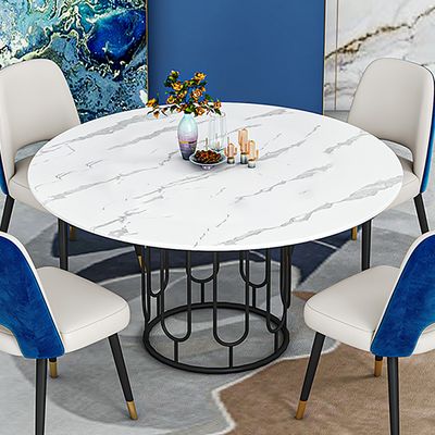 Table à Manger Ronde Marbre Effet Pierre - 80x80x75 Cm - Base Noire - Pour 4 Personnes