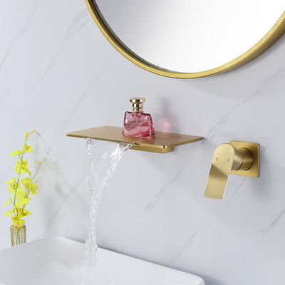 Waterfall Wall Mount Brushed Gold Single Handle Bathroom Sink Faucet Solid Brass-Homary