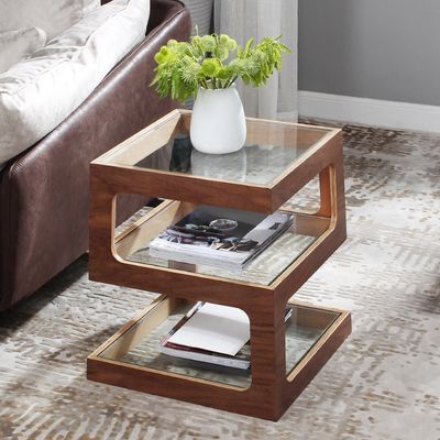 Modern Glass Side Table with 3 Tiers S-shaped End Table in Walnut-Homary