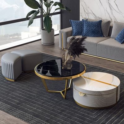 Black&White Nesting Coffee Table with Ottomans Faux Table and Stool