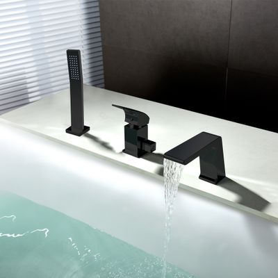 Rosa Contemporary Deck Mounted Waterfall Black 3-Hole Bath Tap & Hand Shower