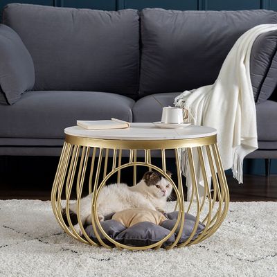 Modern White Side Table Faux Marble End Table with Round Tabletop Cat Bed -Homary