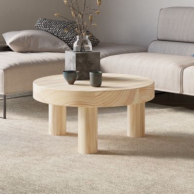 Threeens 23.6" Round Natural Pine Wood Coffee Table Center Table for Living Room