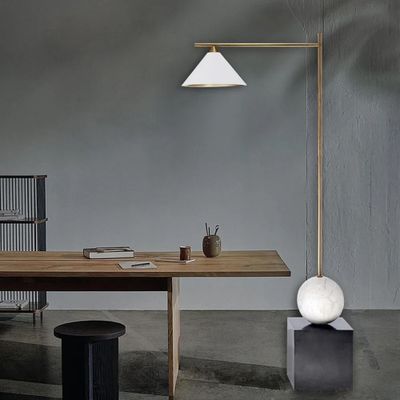 Minimalist White & Gold Arc Floor Lamp with Black Marble Base