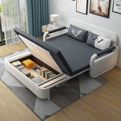 Canapé-lit convertible moderne en coton et lin gris foncé avec rangement