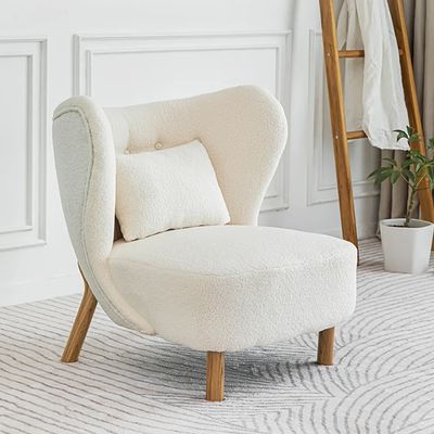 White Lamb Wool Accent Chair Wingback Chair in Wooden Frame-Homary