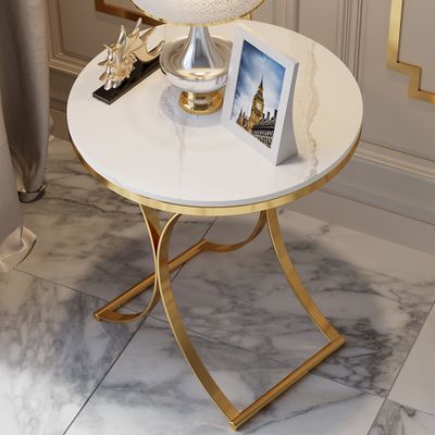 Modern Luxurious Round White Marble Stone Side Table X-Base End Table in Gold