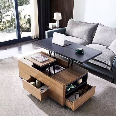 Modern Lift Top Coffee Table Multi Functional Table with 3 Drawers in Walnut & Black-Homary
