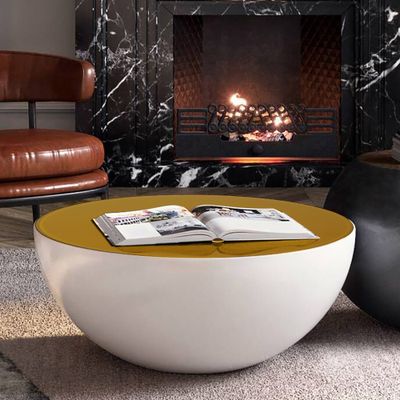 Modern White Round Drum Coffee Table Hollow Interior Storage Yellow Top 1 Piece