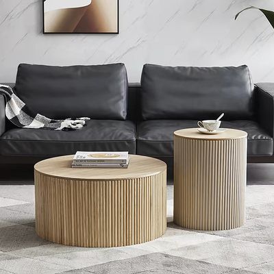 Japandi Round Wood Coffee Table Set of 2 with Storage in Natural-Homary