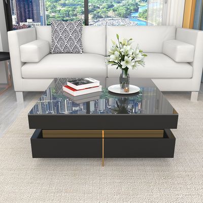 Black Modern Square Coffee Table with Drawers Tempered Glass Top ...