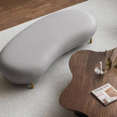 Modern Gray Velvet Bench Upholstered Curved Bench for End of Bed with Metal Legs