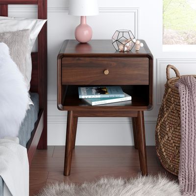Rustic Walnut Wooden Nightstand 1-Drawer Bedside Table with Brass Pull