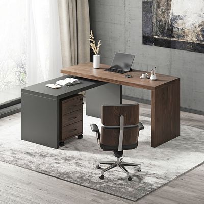 Modern Swivel Desk with Movable File Cabinet Black & Walnut L-Shaped ...