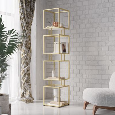 4-Tier Modern Simple Gold Cube Bookcase with Metal Tower Display Tall Wooden Bookshelf