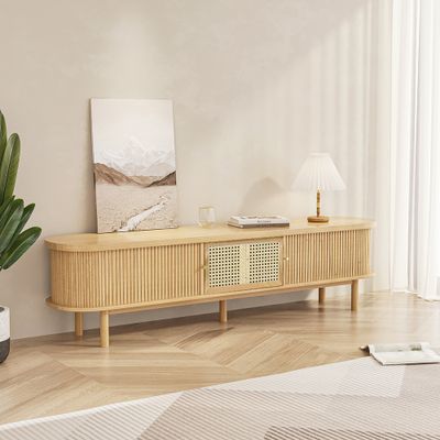 71" Modern Oval Pine Wood Rattan TV Stand in Natural with Storage & Drawer for 80" TV-Homary