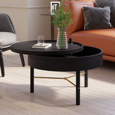 Modern Round Wood Rotating Tray Coffee Table with Storage & Metal Legs in Black