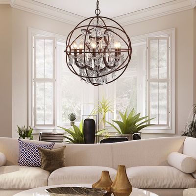 Modern 6 Lights Clear Crystal Rust Metal Orb Chandelier-Homary