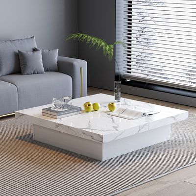 Square Marble Veneer Coffee Table Sliding Top with Storage in White-Homary