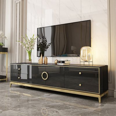 Tile Modern Black TV Stand with Drawers & Doors Gold Media Console for ...