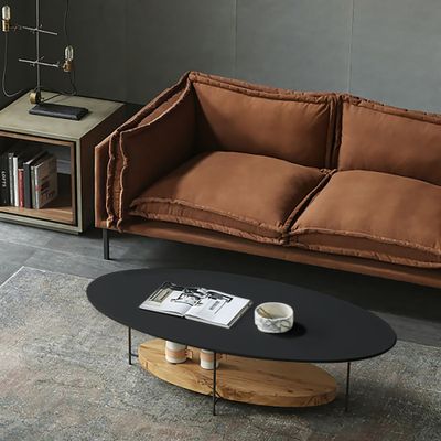 39" Modern Black & Natural Coffee Table with Storage Shelf Light Wood and Metal