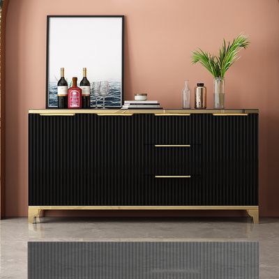 1600mm Black Sideboard with Tempered Glass Top and 3 Drawers in Gold Finish
