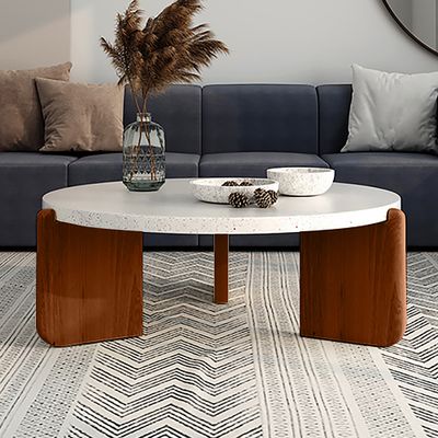 34" White Round Terrazzo Coffee Table with Pine Wood Legs in Walnut-Homary