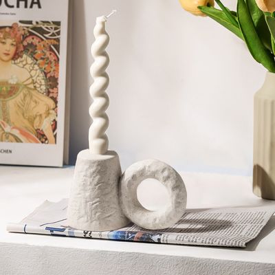 Grey Ceramic Candle Holder with Round Handle Japandi Home Geometric Tabletop Decor Art