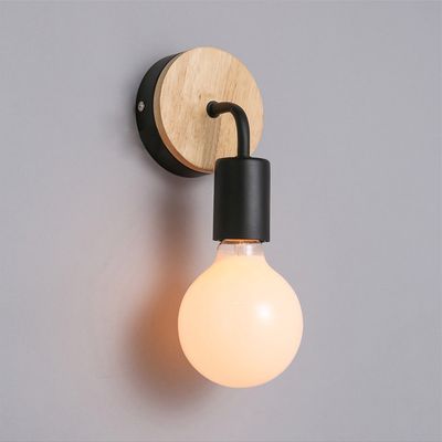 Modern Exposed Bulb Single-Light Wood Round Backplate Indoor Wall Lamp in Black