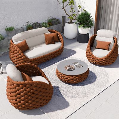 4 Pieces Woven Rope Outdoor Sofa Set with Faux Marble Top Coffee Table in Brown & White