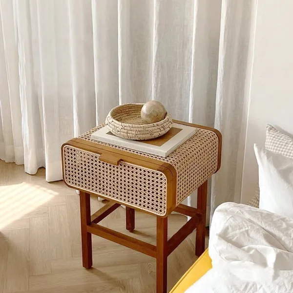 Wooden Walnut Nightstand Rattan Drawer For Bedroom Living Room Storage Bedside Table