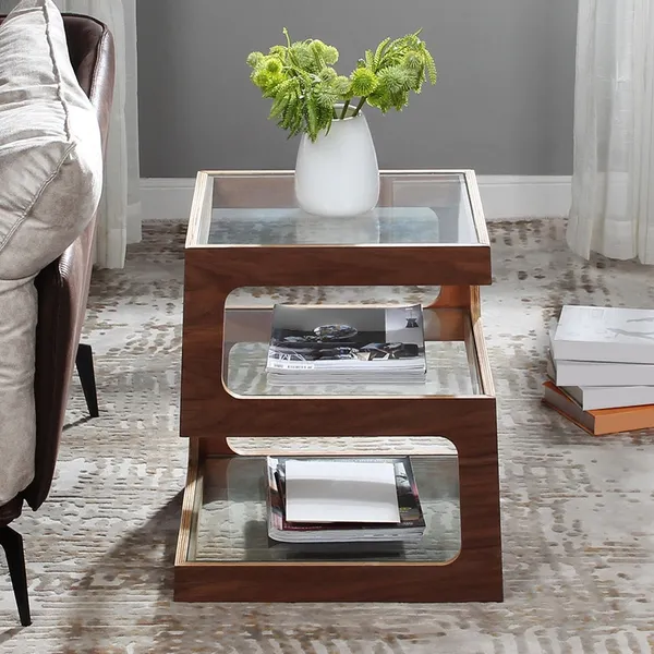 Modern Unique Square Side Table Storage End Table With Shelf 3 Tier Tempered Glass Walnut Veneer