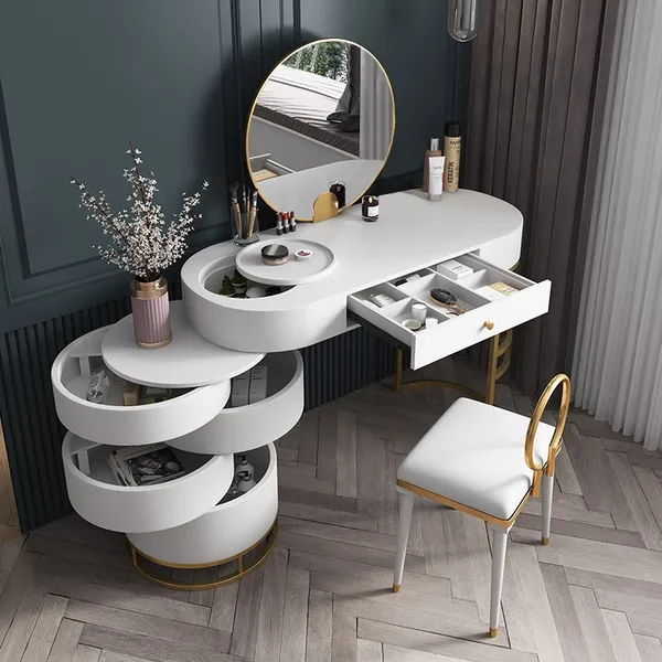 White Makeup Vanity Dressing Table With Swivel Cabinet Mirror Stool Included